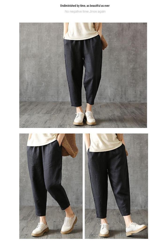 Women's Summer Washed Cotton Cropped Harem Pants, Solid Color, Loose Fit, Elastic Waist, Slimming, Versatile Style