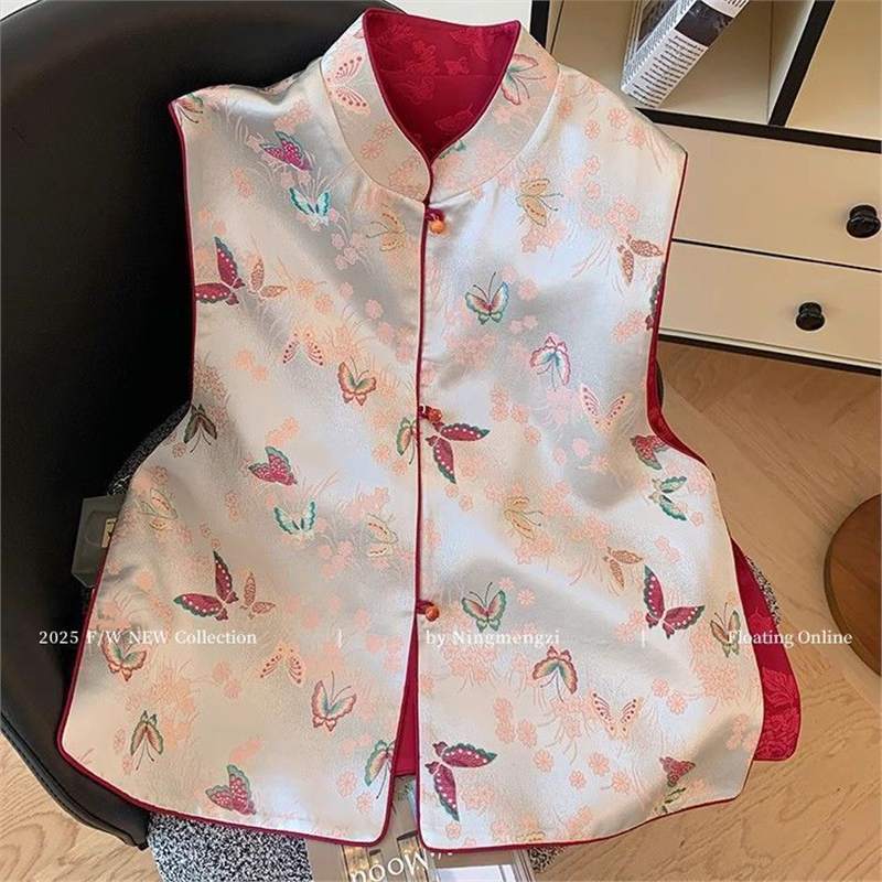 

Stand-up collar butterfly print vest women s 2025 spring and autumn new temperament wear vest top M [Recommended below 50kg]