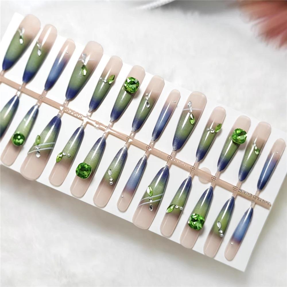 Gradient Cat Eye Emerald Diamond Wearable Manicure Cool Feeling Manicure Removable Premade Manicure 30 Pieces
