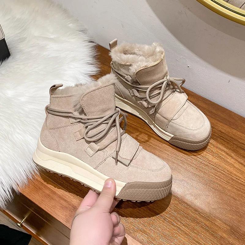 Winter Snow Boots Women Genuine Cow Leather Artificial Wool Solid Color Lace-up 2025 Warm Ladies Shoes Handmade