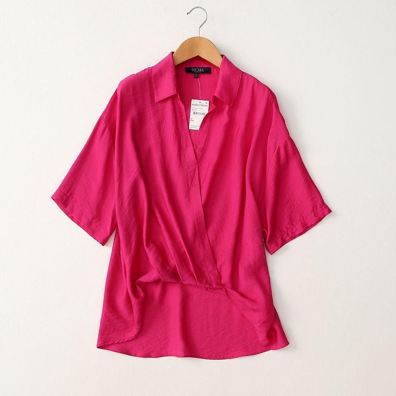 

Foreign Trade Original Garment Export Women clothes Cross V-neck Design Loose Idle Style Viscose Drape Shirts Spring Pullover Top Rose (short sleeve) L