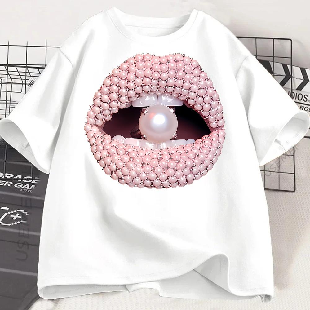 Rosa Glitzer Lippen Grafikdruck T-Shirt Unisex S Kleidung Luxuriöses Make-up T-Shirt Haut Frau Ästhetische Kleidung T-Shirt Großhandel