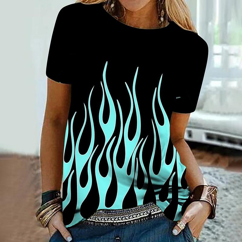 Maglietta Stampa 3D Fiamma Colorata Estiva Donna Vintage Streetwear Manica Corta Magliette Y2k Top T-shirt Harajuku Abbigliamento Oversize