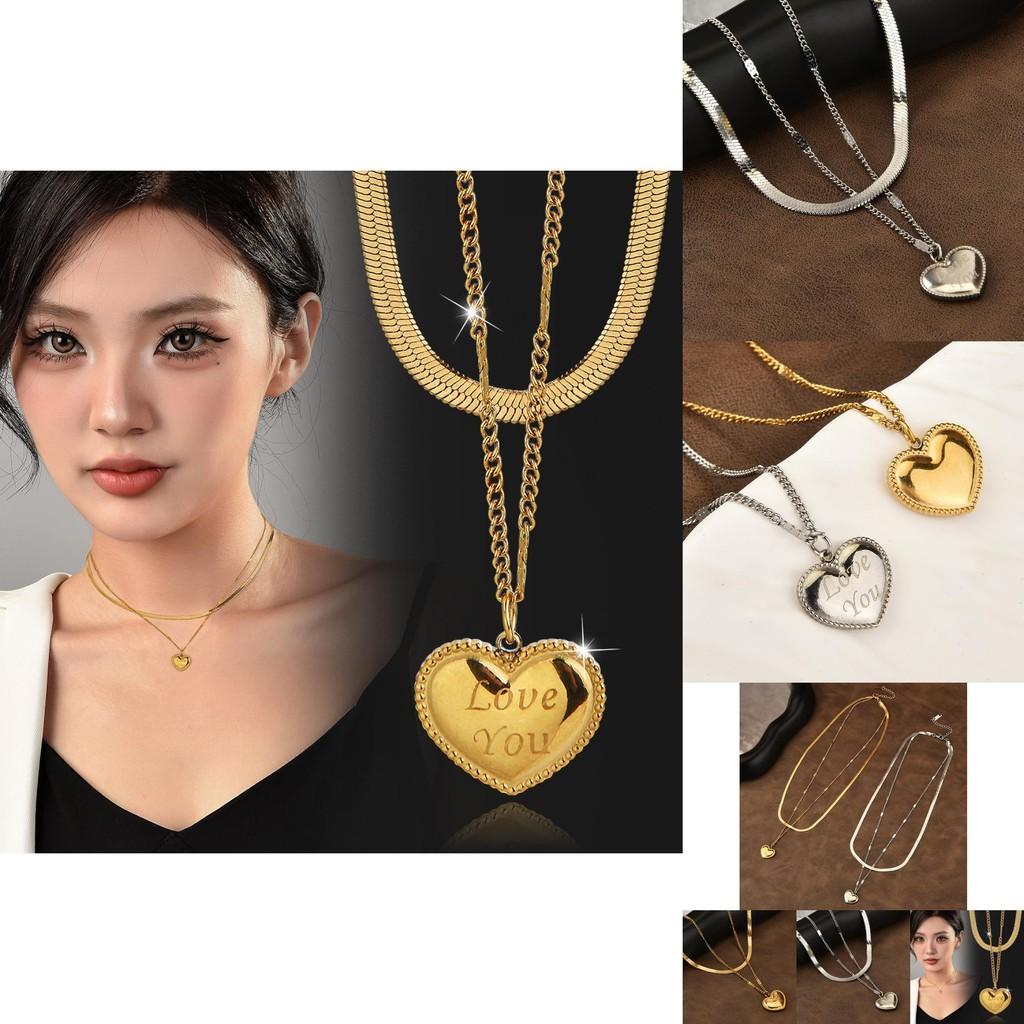 Modische zweilagige herzförmige Halskette aus Titanstahl für Damen in glänzendem Gold und Silber