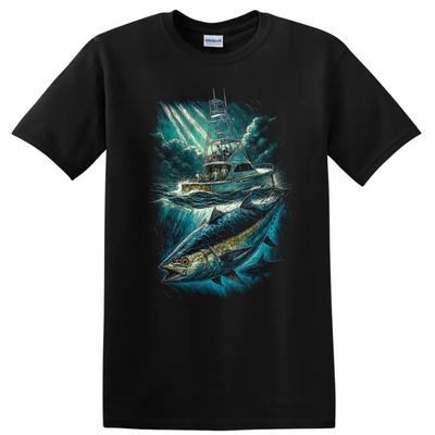 Fishing T Shirt Boat W/ Fish Ocean Adventure Graphic Novelty Tee