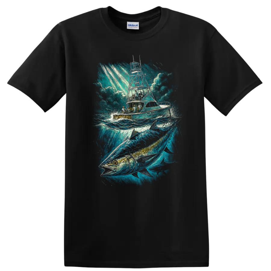 Fishing T Shirt Boat w/ Fish Ocean Adventure Graphic Novelty Tee