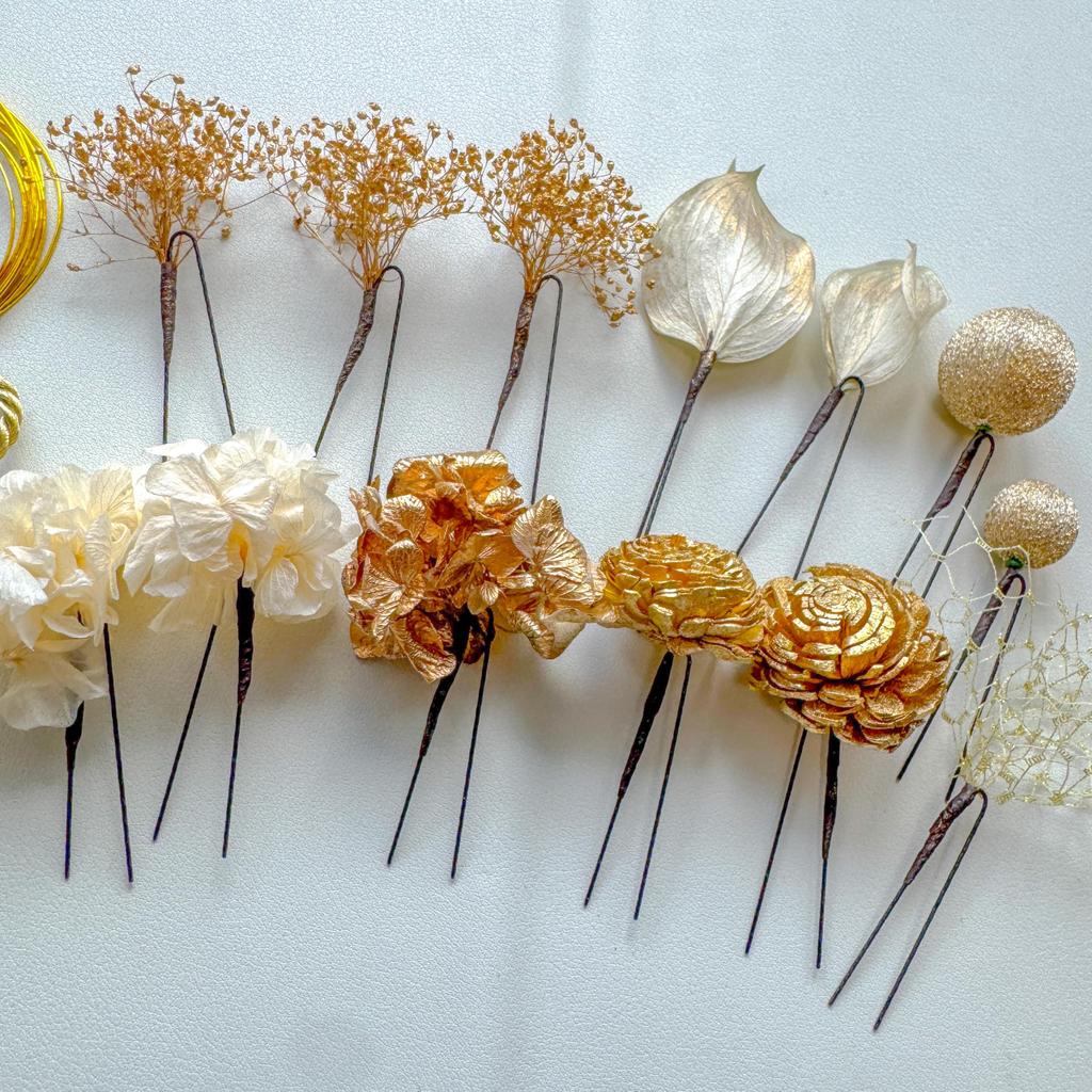 Gold Dried Flower Hair Coming of Age Japanese Gold Ball Gold Graduation Wedding Wedding Hakama Hani. Ornament, Ceremony, Wear, Mizuhiki, Leaf,