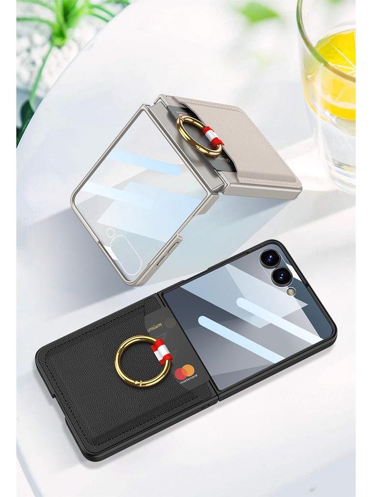 Samsung Z Flip7 Ultra-Thin Leather Case: Full Coverage, Card Holder, Ring, Anti-Drop Protection