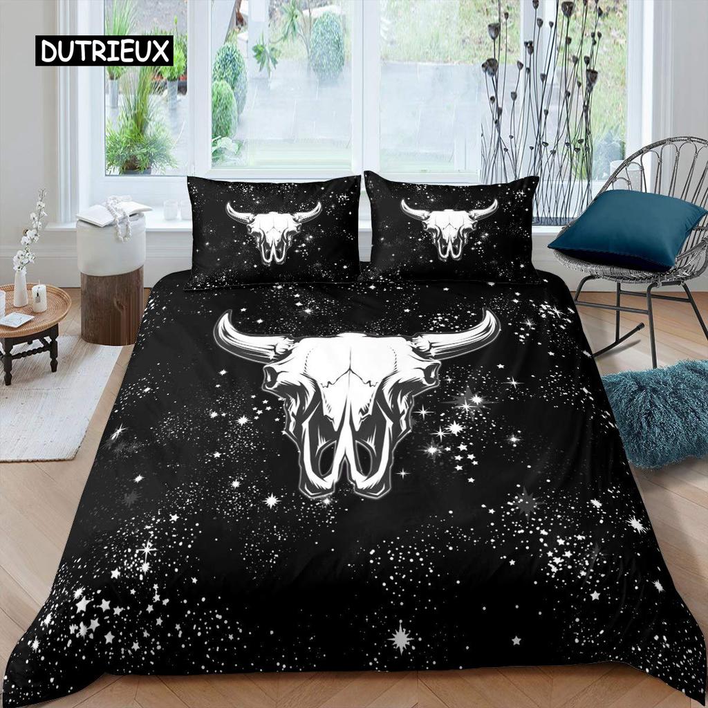 Cow Skull Bed Cover Queen Size Sunflower Cattle/Bull Skeleton Bed Linen Package Botanical Floral Leaves Boho Tribal Polyester Fabric Quilt Cover