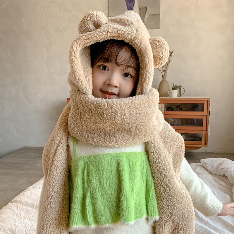 Warm Knitted Rabbit Ear Hat With Scarf Kids Women Winter Outdoor Wear Soft Fleece Lined Adjustable Hooded Beanie