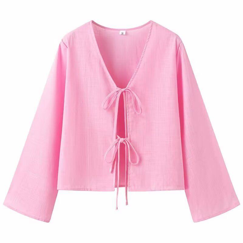 

Kaslead New Arrival Women s Clothing Fashion Style Fashion All-Match Shoelace Cardigan Outerwear Thin Tops Pink L