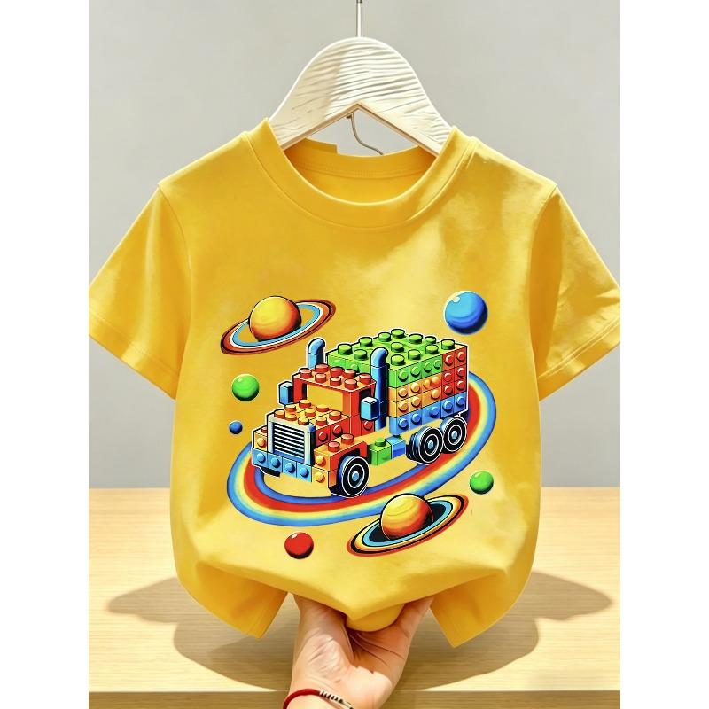 European Sizes Creative Building Block Truck Print Kids' Short Sleeve Cotton T-Shirt, Boys' Top, Soft, Breathable, Skin-Friendly