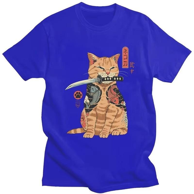 Japanese Samurai Cat Graphic Tee Pure Cotton Streetwear T-Shirt Breathable Casual Top