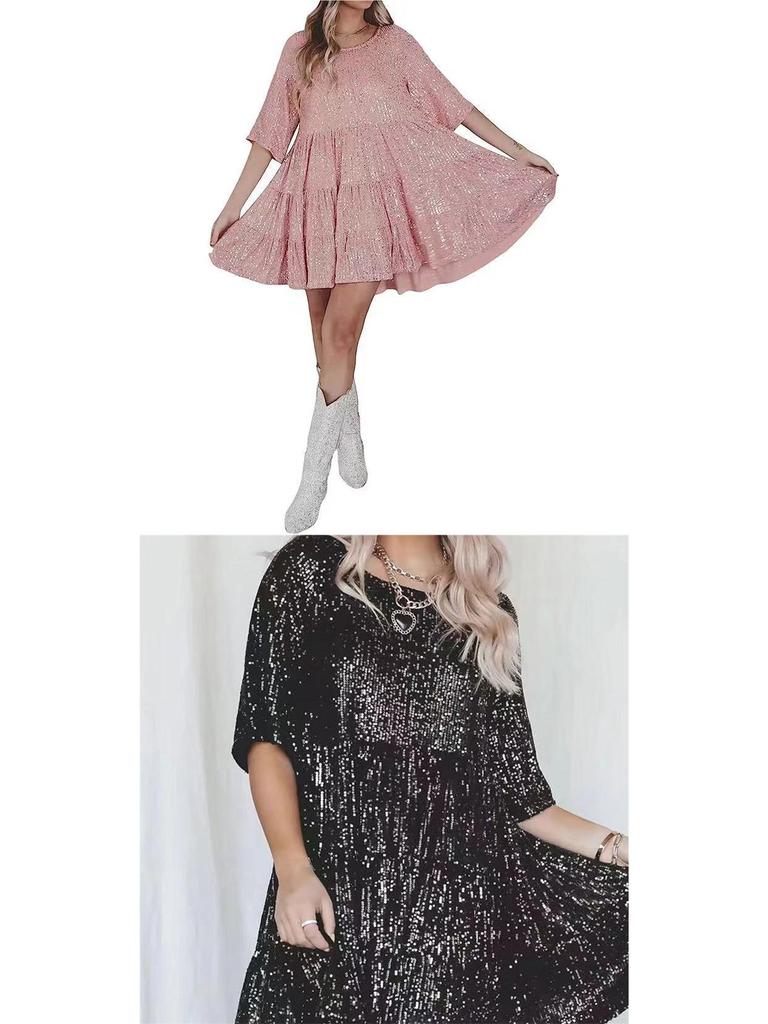 Euro-American Sequin Colorblock Evening Gown: Short Sleeve, Loose Fit, Round Neck