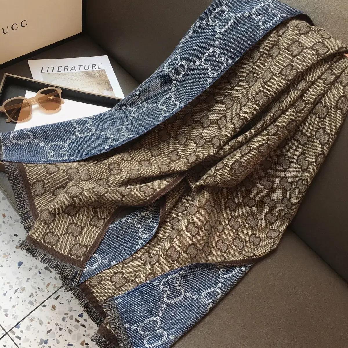 

Khaki Drill Denim Color Block Double-Sided Thickened Faux Sheepskin Scarf Winter Warm Neck Warmer Dual-Purpose Shawl