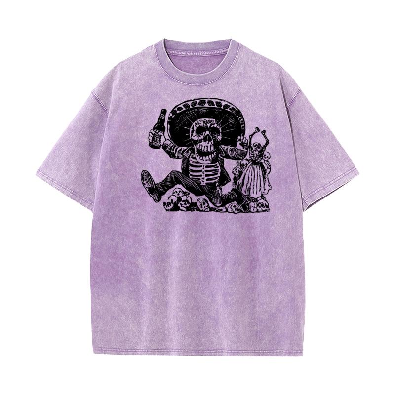 Family Youth Washed T Shirt Funny Skeleton Outdoor Tees Pure Cotton Short Sleeve Printed Washed Tee Shirt O Neck