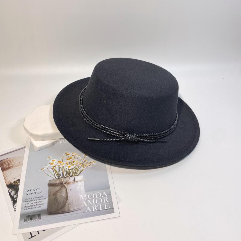 New Leather Rope Flat-top Woolen Top Hat Women's Autumn and Winter Temperament Elegant and Fashionable Versatile Flat-brimmed Felt Hat Men's Stage