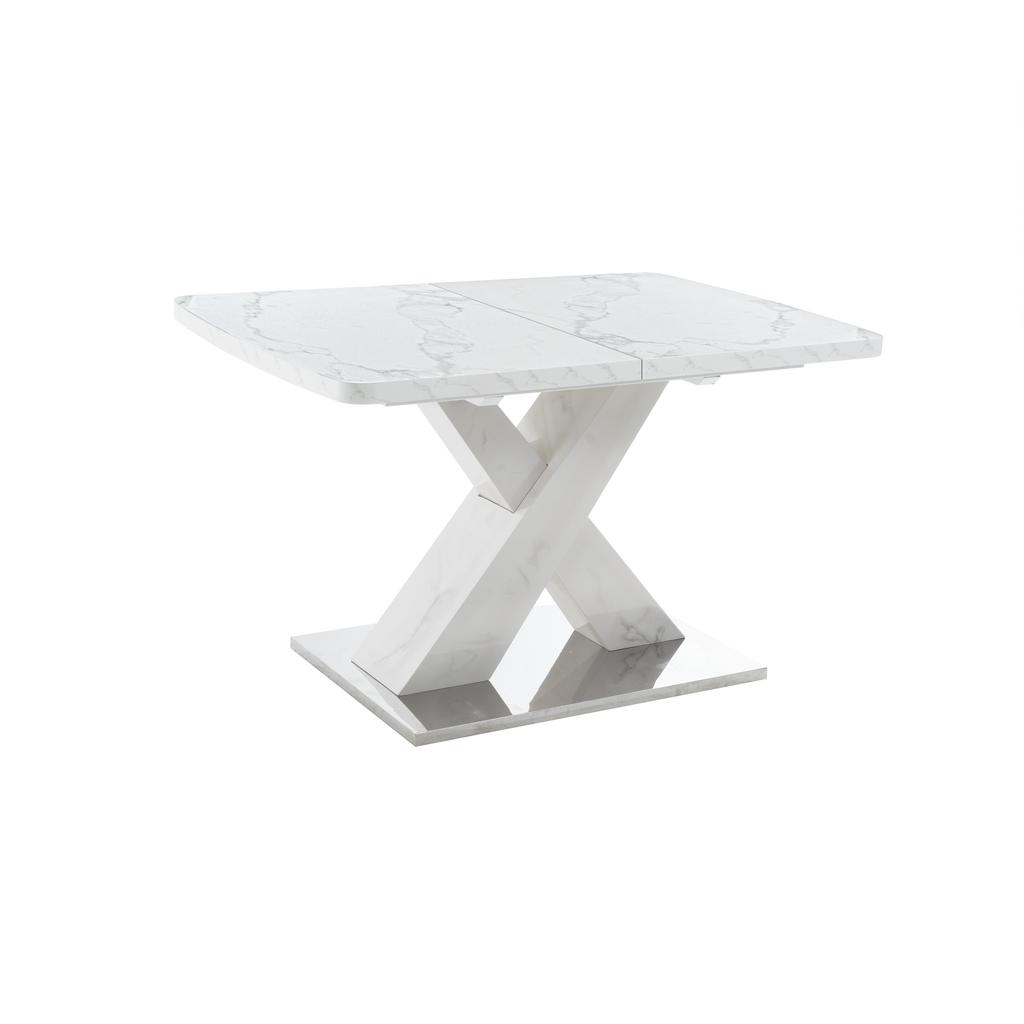 120CM-160CM Μοντέρνο Ορθογώνιο Τραπέζι Τραπεζαρίας, Τεντώνεται, με Εκτυπωμένη Λευκή Μαρμάρινη Επιφάνεια Τραπεζιού+MDF Τραπεζοπόδι Σχήματος Χ με Μεταλλική Βάση