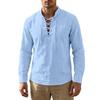 Mens Long Sleeve Lace Up Henley Shirt Casual Loose Fit Pullover Top Stand Collar Lightweight Linen