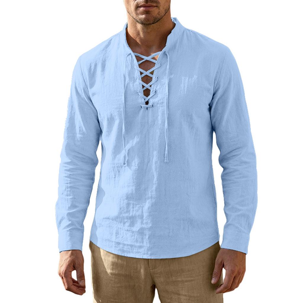 Mens Long Sleeve Lace Up Henley Shirt Casual Loose Fit Pullover Top Stand Collar Lightweight Linen
