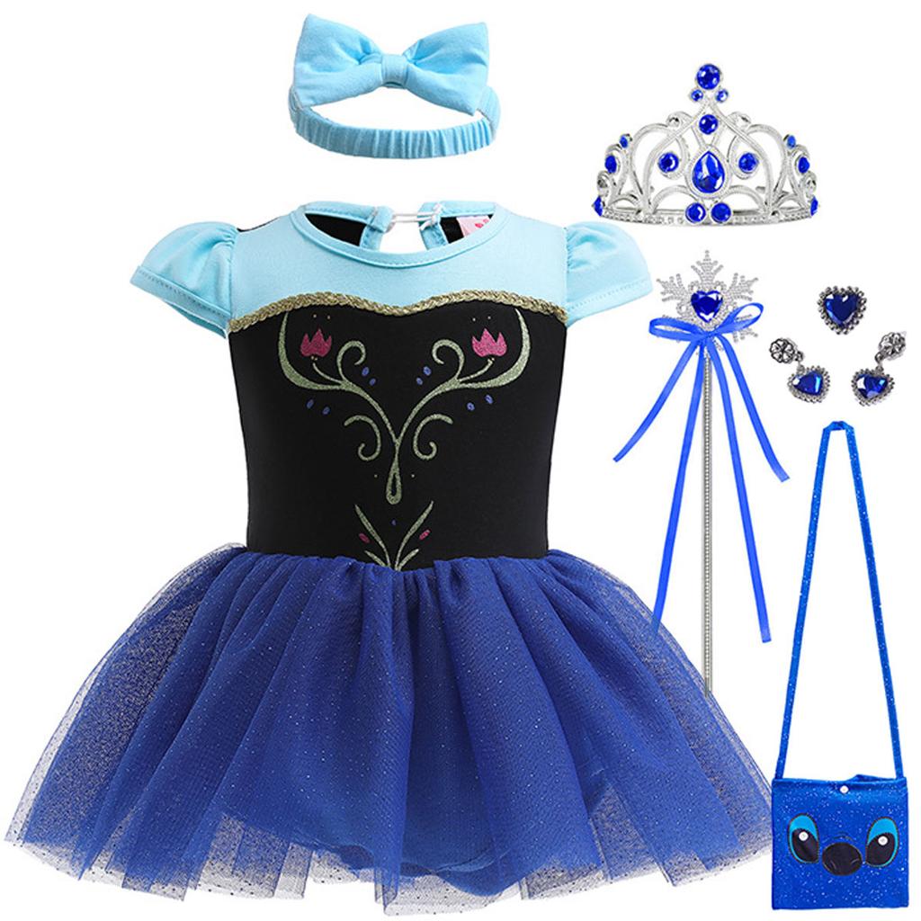 Summer Cool Swimsuit Infant and Toddler Cosplay Anna Princess Dress + Headband + Crown Necklace Gloves Accessories Set