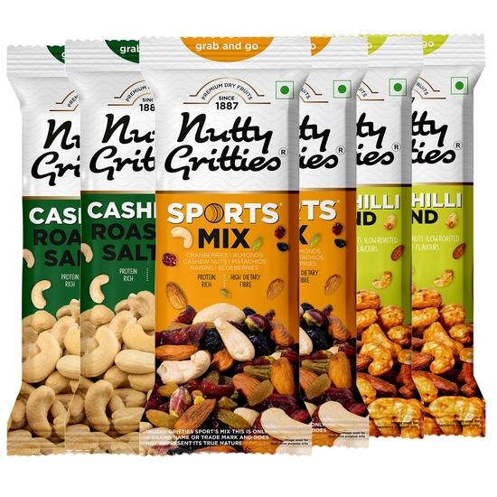 Nötig Grus Grab & Gå Mix Combo | 240g (Varje påse 40 g, Förpackning med 6) Rostade Saltade Cashewnötter, Sportmix