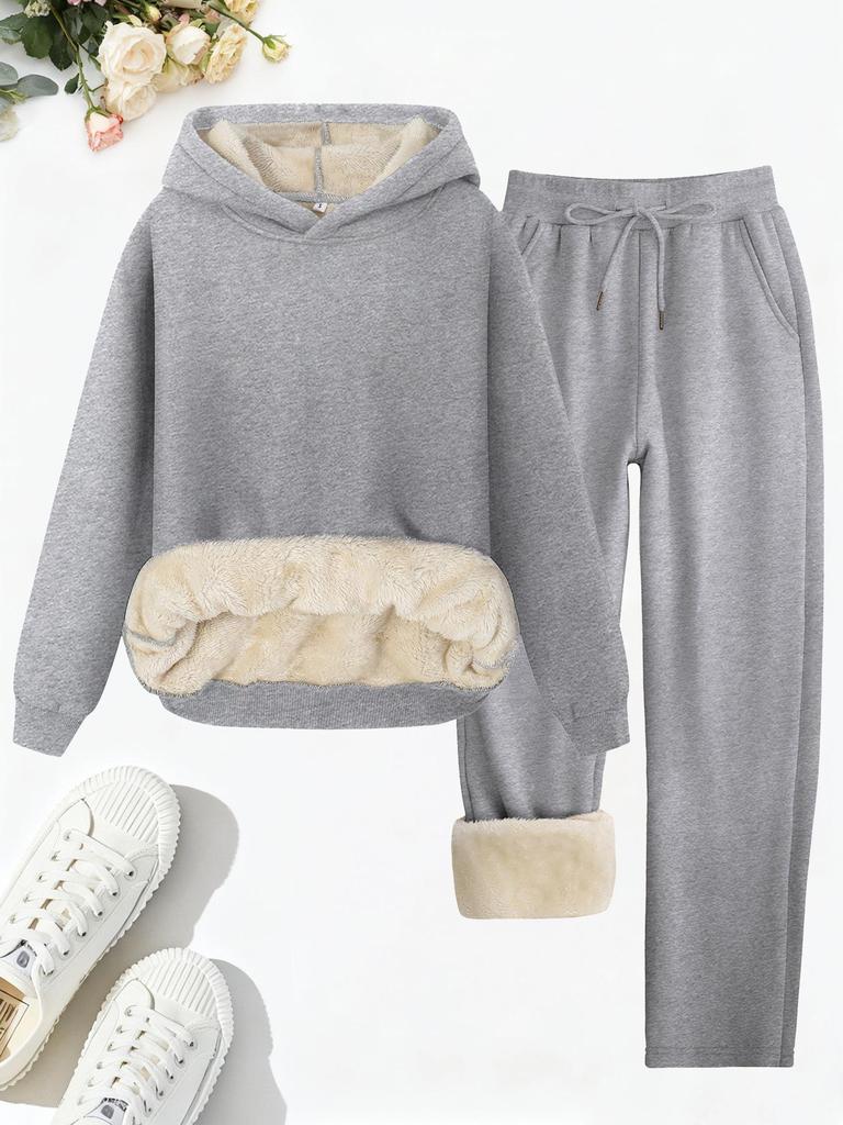Trendy Winter Lambswool Hooded Sweatshirt & Fleece Lined Straight Leg Sweatpants Set