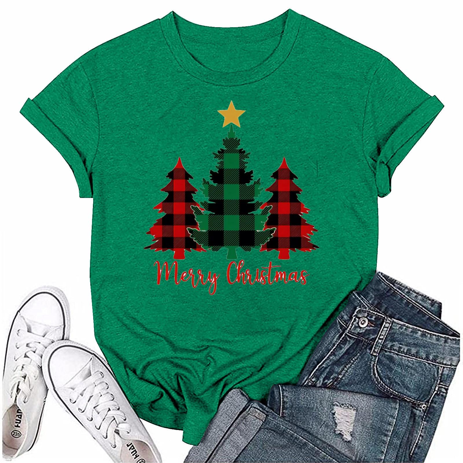 

Женский повседневный рождественский принт с короткими рукавами и круглым вырезом, свободный пуловер, топ S армия зеленый