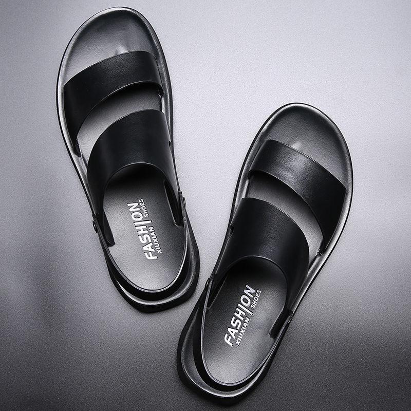 Men Black Leather Sandals Summer Brown Outdoor Hiking Sandals Wide Head Beach Shoes for Father Over Sized