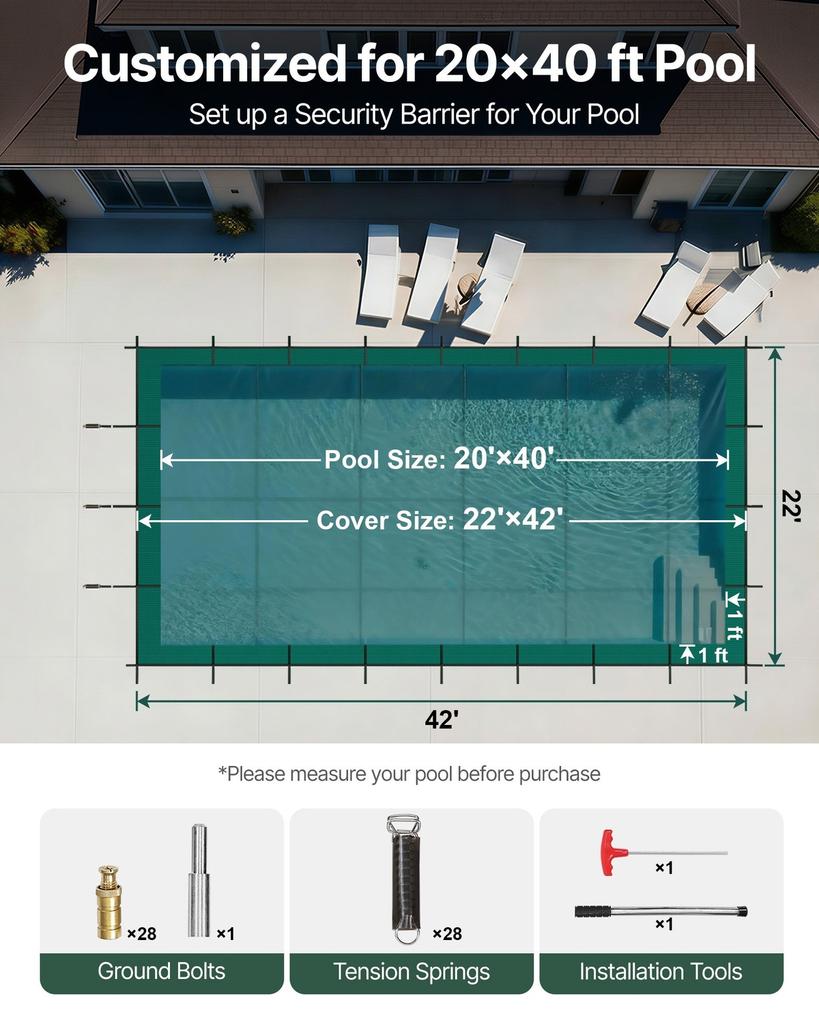 Pool Safety Cover Fits 20x40ft Rectangle Inground Pools, Safety Pool Cover with Drainage Holes, Mesh Solid Pool Cover for Swimming Pool, Winter Safety