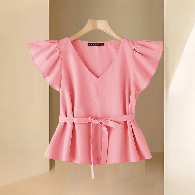 

ZANZEA Женская повседневная блузка с V-образным вырезом, коротким рукавом и свободного кроя для лета L розовый