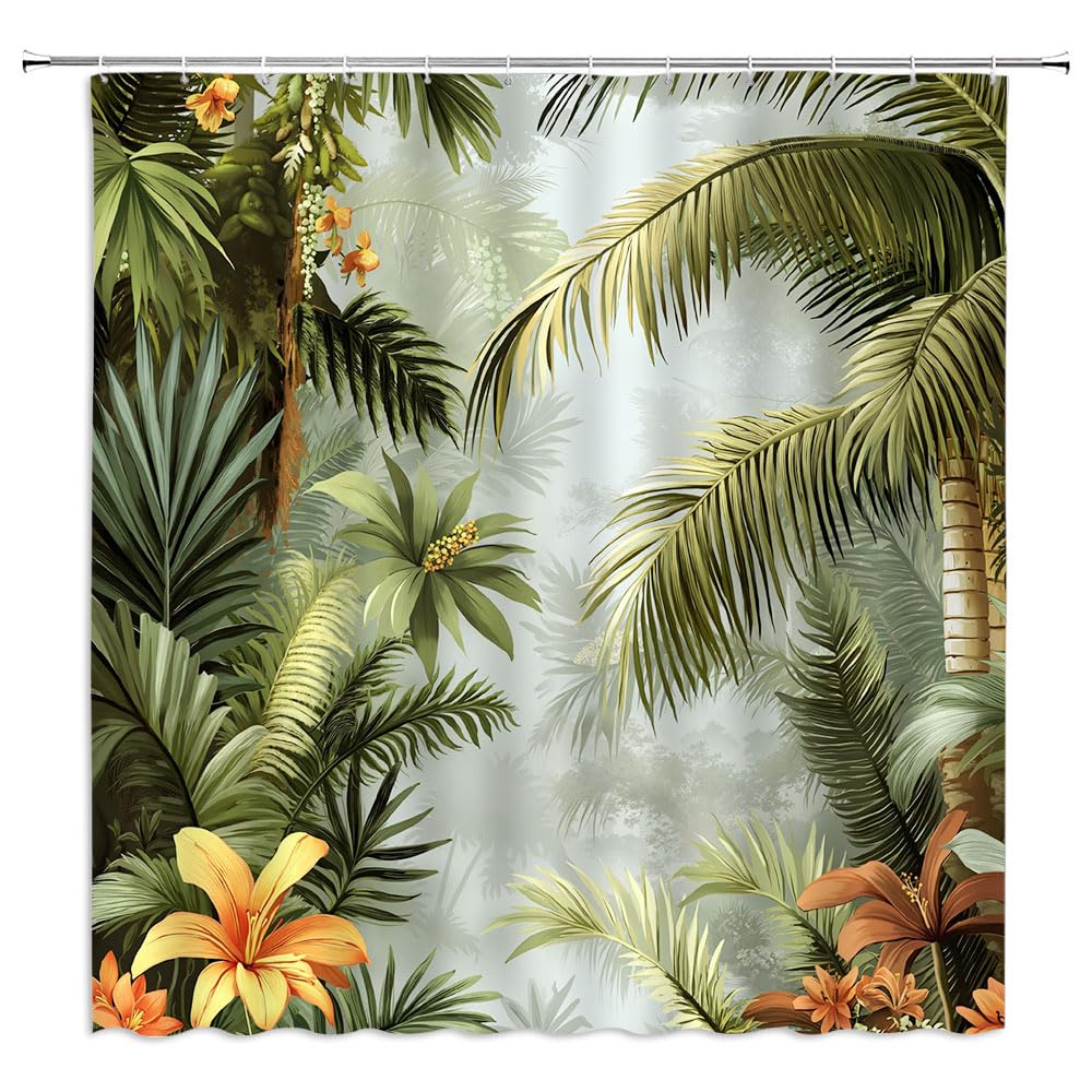Boho Floral Shower Curtain, Hawaii Tropical Leaves Flower Bath Curtain Botanical Nature Summer Bathroom Decor Curtain with Hooks