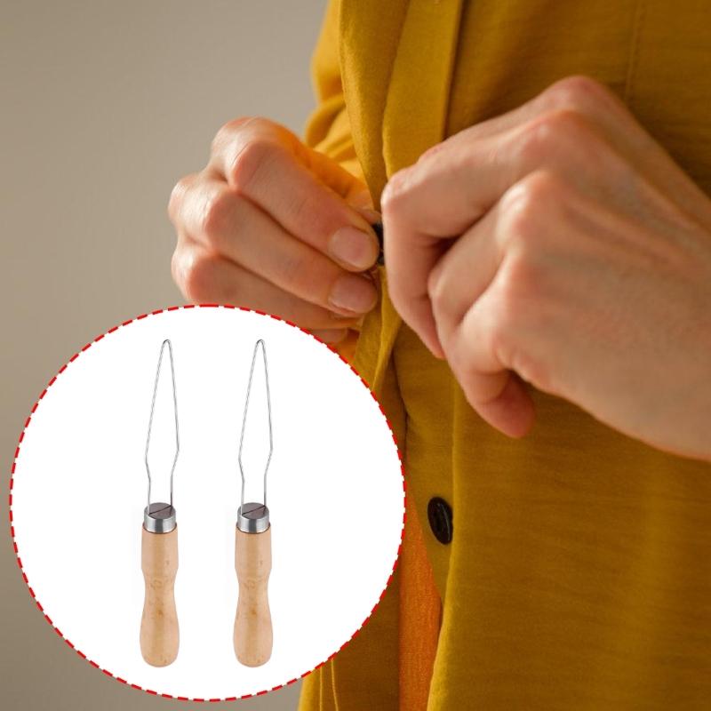 Stainless Steel Button Hook with Wooden Handle Buttons Aid Button Assist Device for Shirts Dresses Cardigans Collars