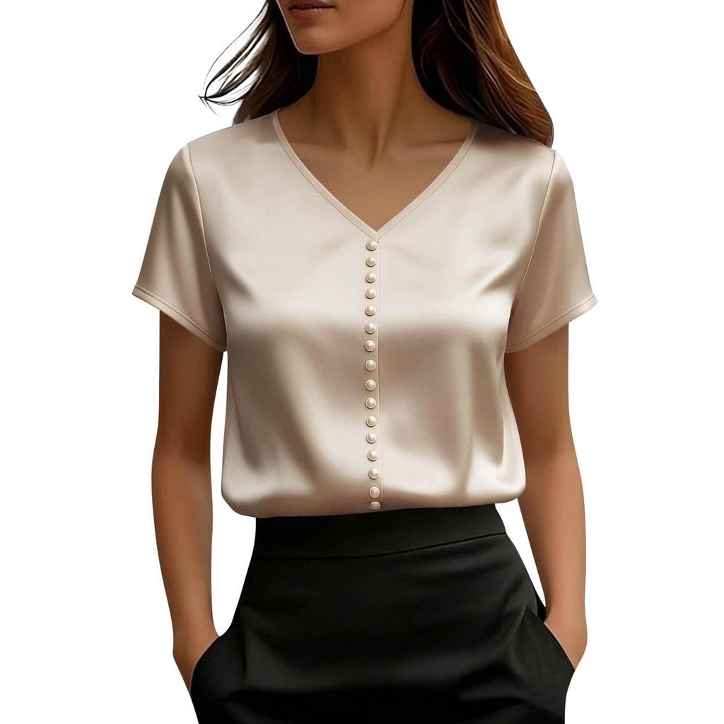 Top de damă din satin cu mânecă scurtă, Bluză elegantă de vară cu decolteu în V și nasturi perlă, Top casual formal,