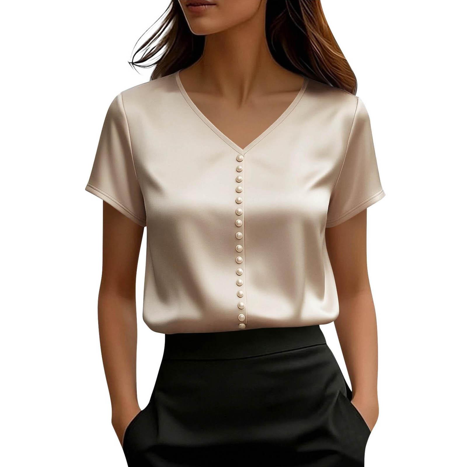 

Женский атласный топ с коротким рукавом, Элегантная летняя блузка с V-образным вырезом и жемчужными пуговицами, Повседневный официальный топ, L бежевый