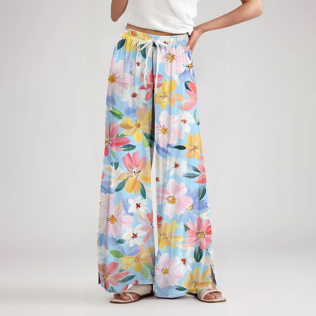 Women's Loose Casual Floral Print Wide Leg Pants With Elastic Waist Drawstring And Pocket Pants