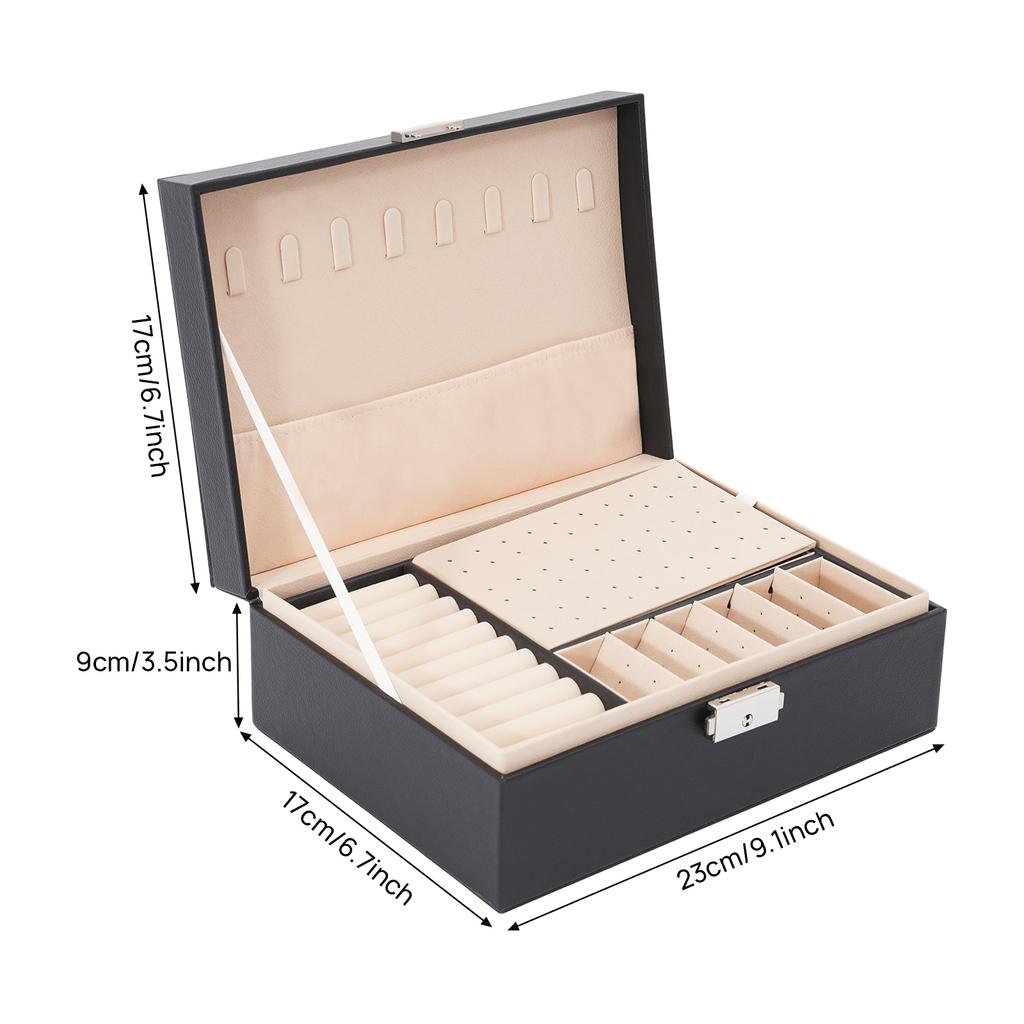 2-Tier Black Jewelry Box with Lock, Portable Travel Jewelry Organizer Case, PVC Velvet Storage for Necklace Ring Earring