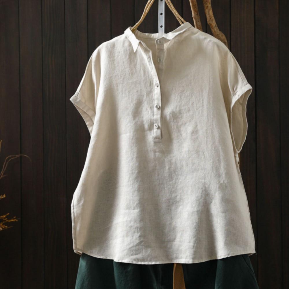 Johnature Women Vintage Shirts Summer Chinese Style Solid Color Sleeveless Turn-down Collar Button Casual Shirts