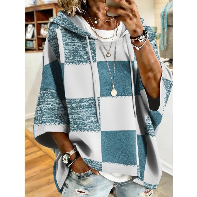 Karomuster Patchwork Kapuzenpullover, Damen Europäisch und Amerikanisch Sieben Viertel Ärmel Lässig Lockerer Hoodie