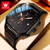 OLEVS 9950 Trend Brand Original Men's Watches Square Waterproof Chronograph Quartz Watch Luminous Leather Strap Male Wristwatch