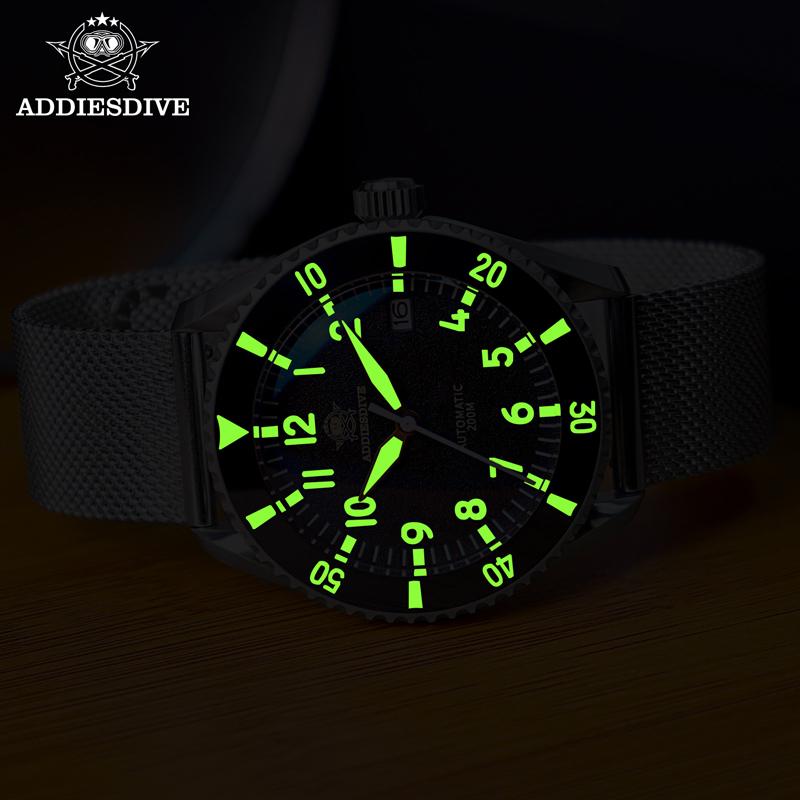 ADDIESDIVE Men's Automatic Mechanical Watches C3 Luminous Sapphire Milanese Strap Stainless Steel 20bar Waterproof Watch Reloj