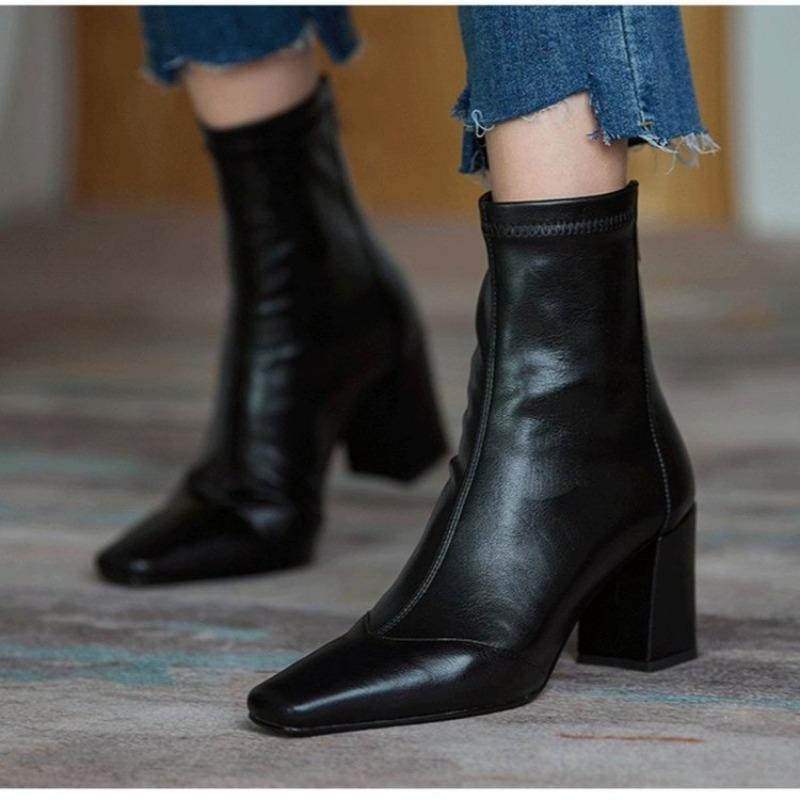 New Style Shoes for Women Ankle Boots for Women Side Zipper Stretch Middle Heel Plus Size Short Boots Fashion Pointed Shoes