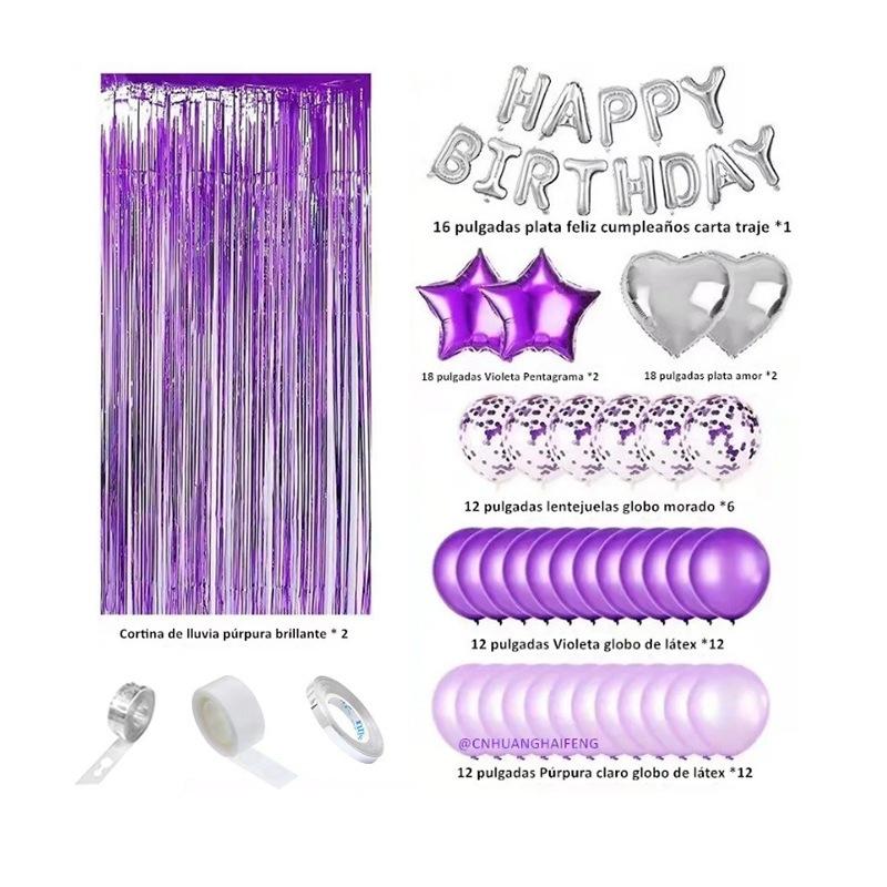 

Bright Purple Double Rainsilk Curtain Balloon Set Happy Birthday Party Aluminum Film Balloon Decoration Background Decor Props 1set