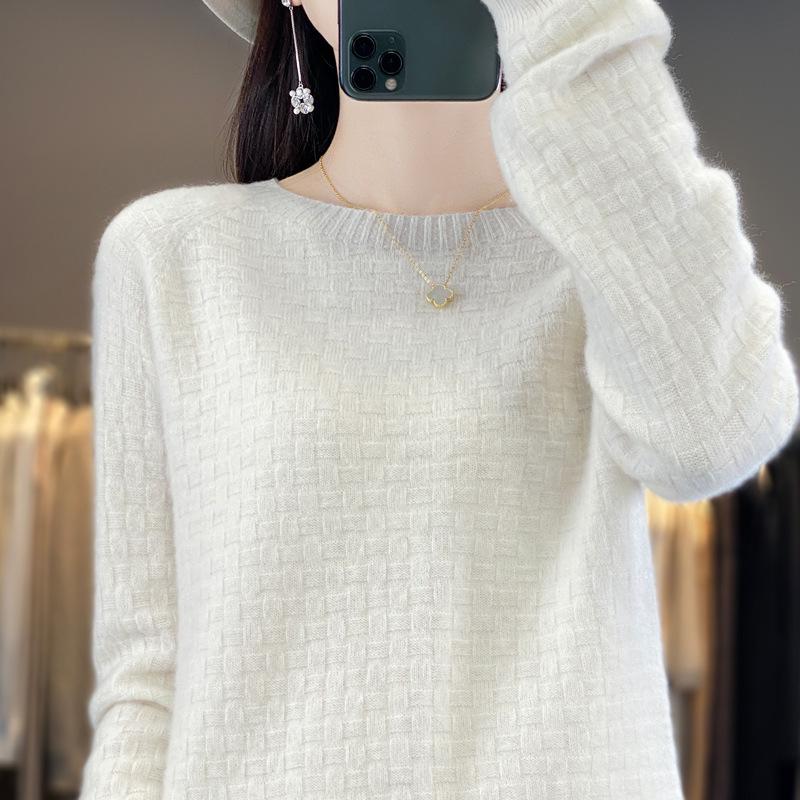 Women's Cashmere Waffle Knit Cardigan - Versatile Round Neck Sweater for Autumn/Winter