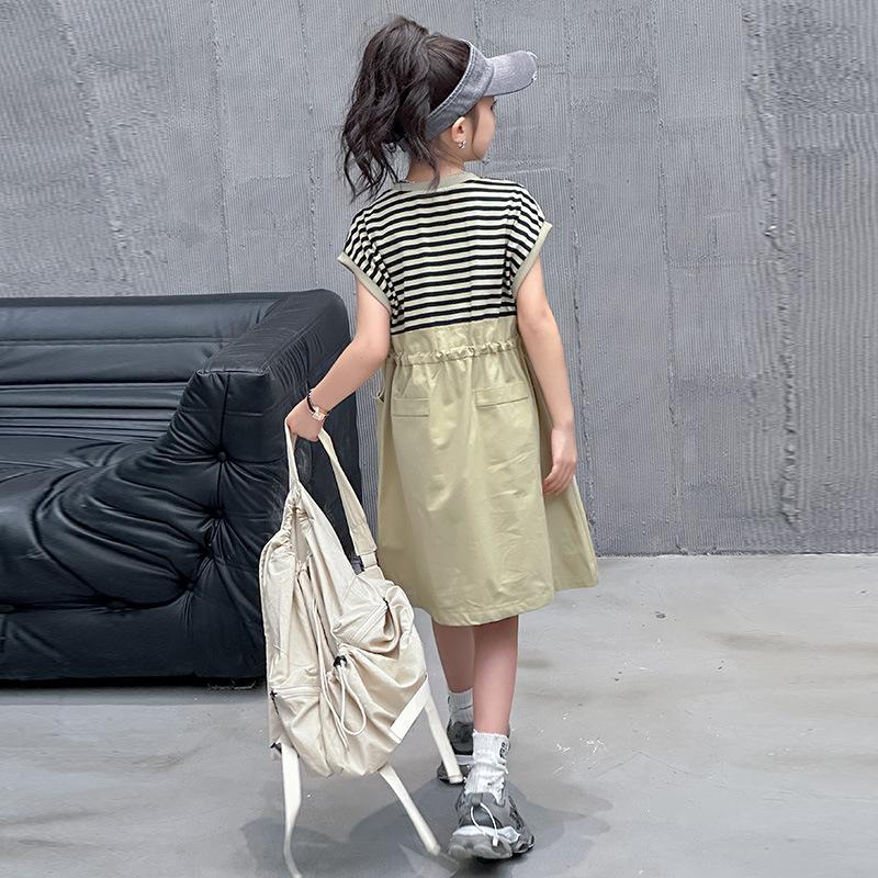 Teenager Girls Casual Striped Patchwork Dress Summer Black Khaki Junior Kid Fake Two-Piece Set Ages 6-14 Child Clothing