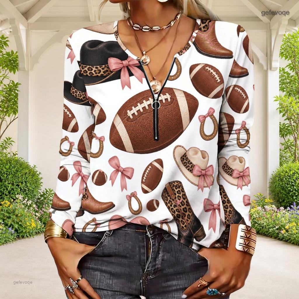 Women Plus Size Half Zip Round Neck Long Sleeve White Football Printed T Shirt