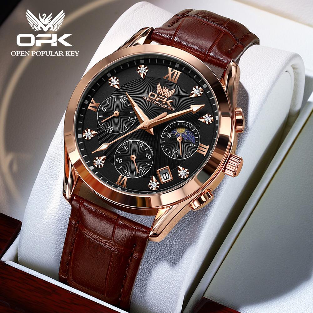OPK 8162 Fashion Men's Quartz Wristwatch Chronograph Auto Date Luminous Leather Strap Moon Phase Luxury Man Watch