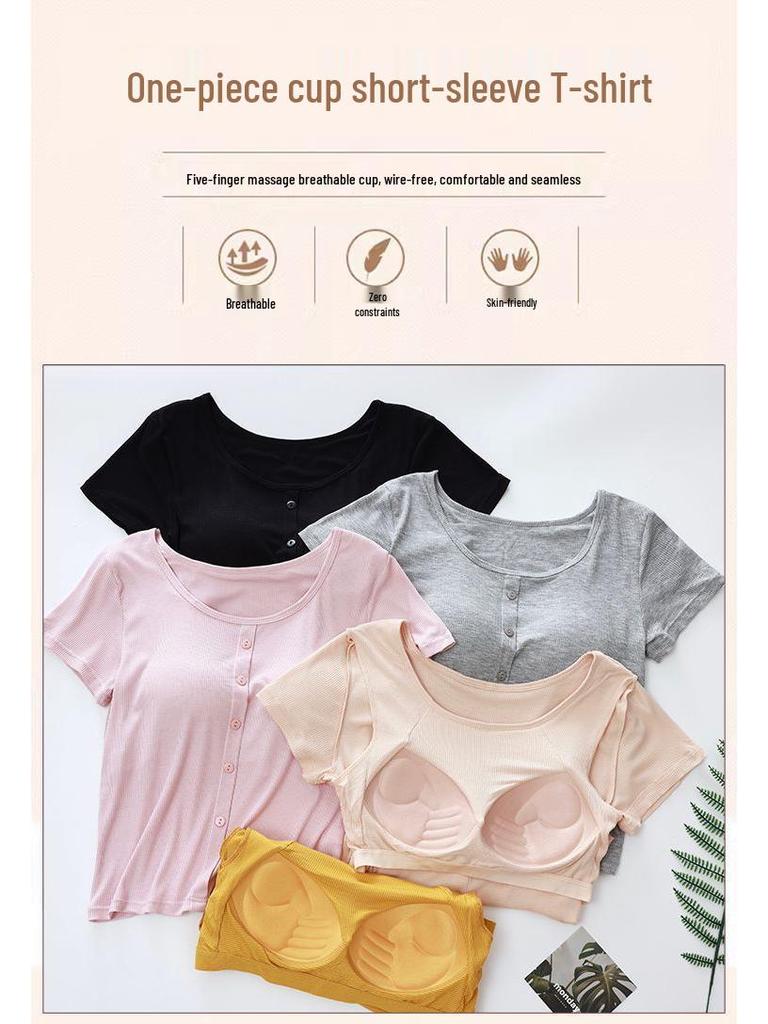 Modal Women's Short Sleeve Padded Top with Pajama-Style Back - Ribbed Base Layer for Inner or Outer Wear