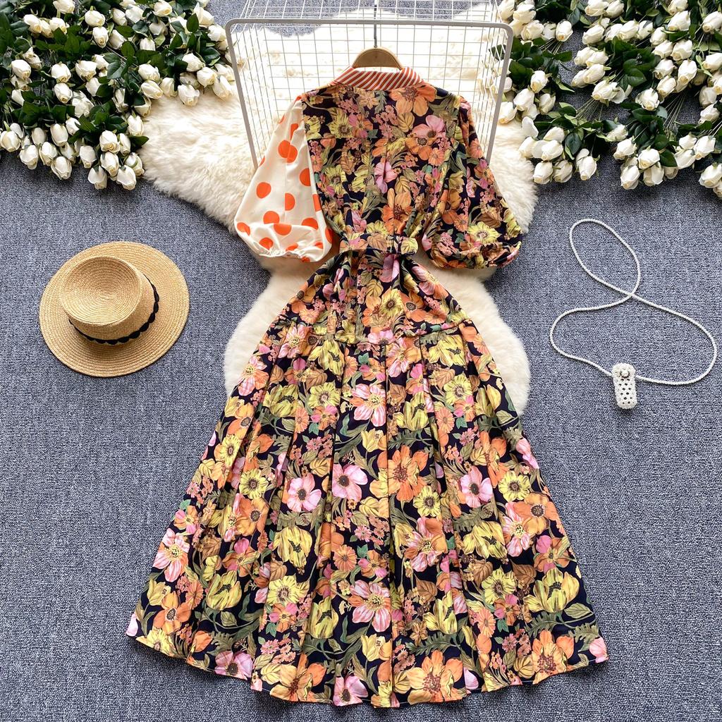 Summer Elegant Midi Patchwork Dress for Women Lapel 3/4 Sleeve Wave Point Breasted Female Design Vestidos New In 2024 Chic