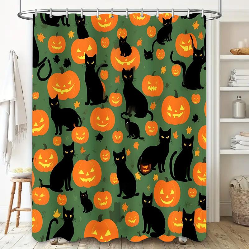 Halloween Shower Curtain Waterproof Fabric Pumpkin Cat Print Decorative Home Decoration Bathroom Wall Hanging Customizable Sizes